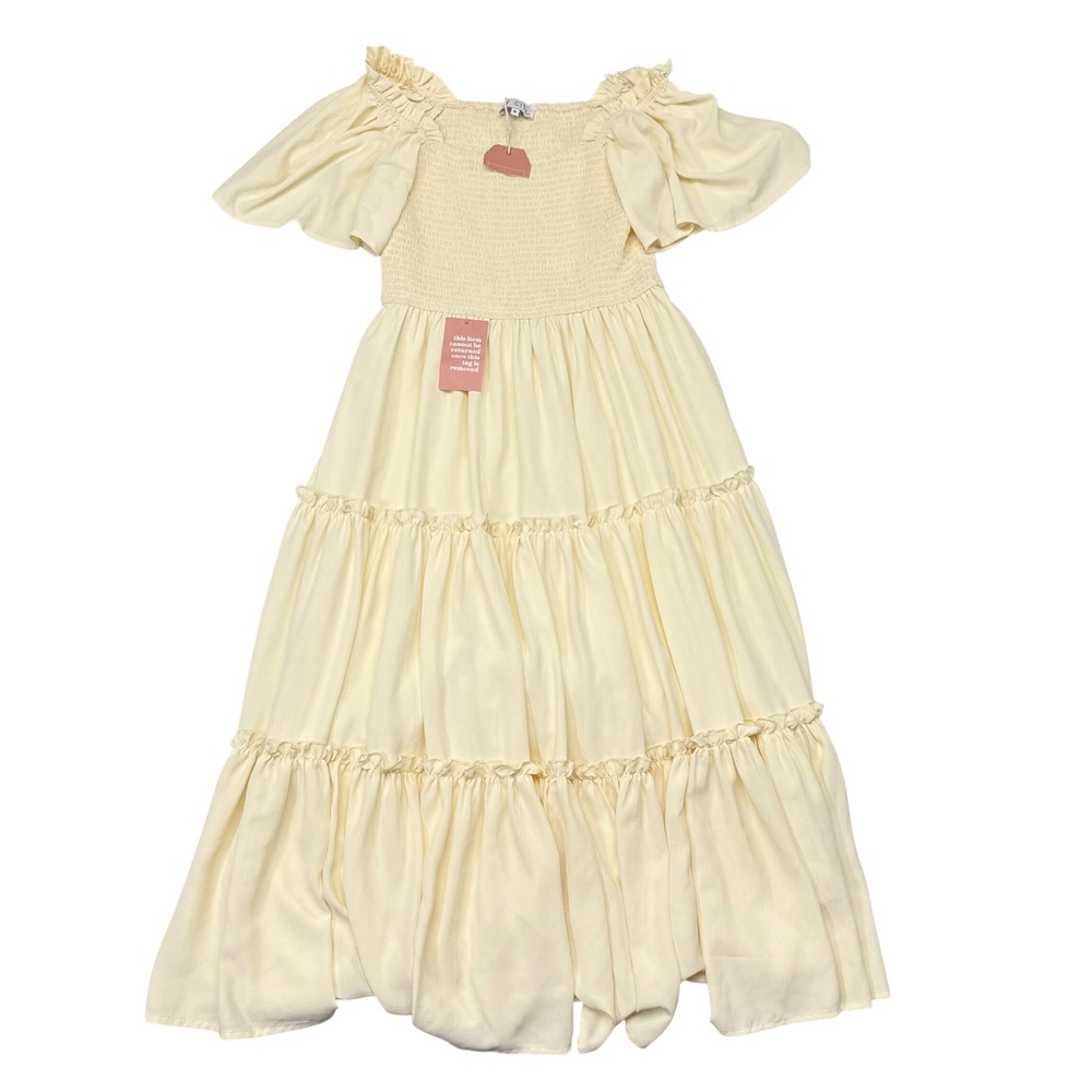 Ivy City Co Maxi Dress Size Medium Yellow Smocked Tiered Flutter Sleeve NEW